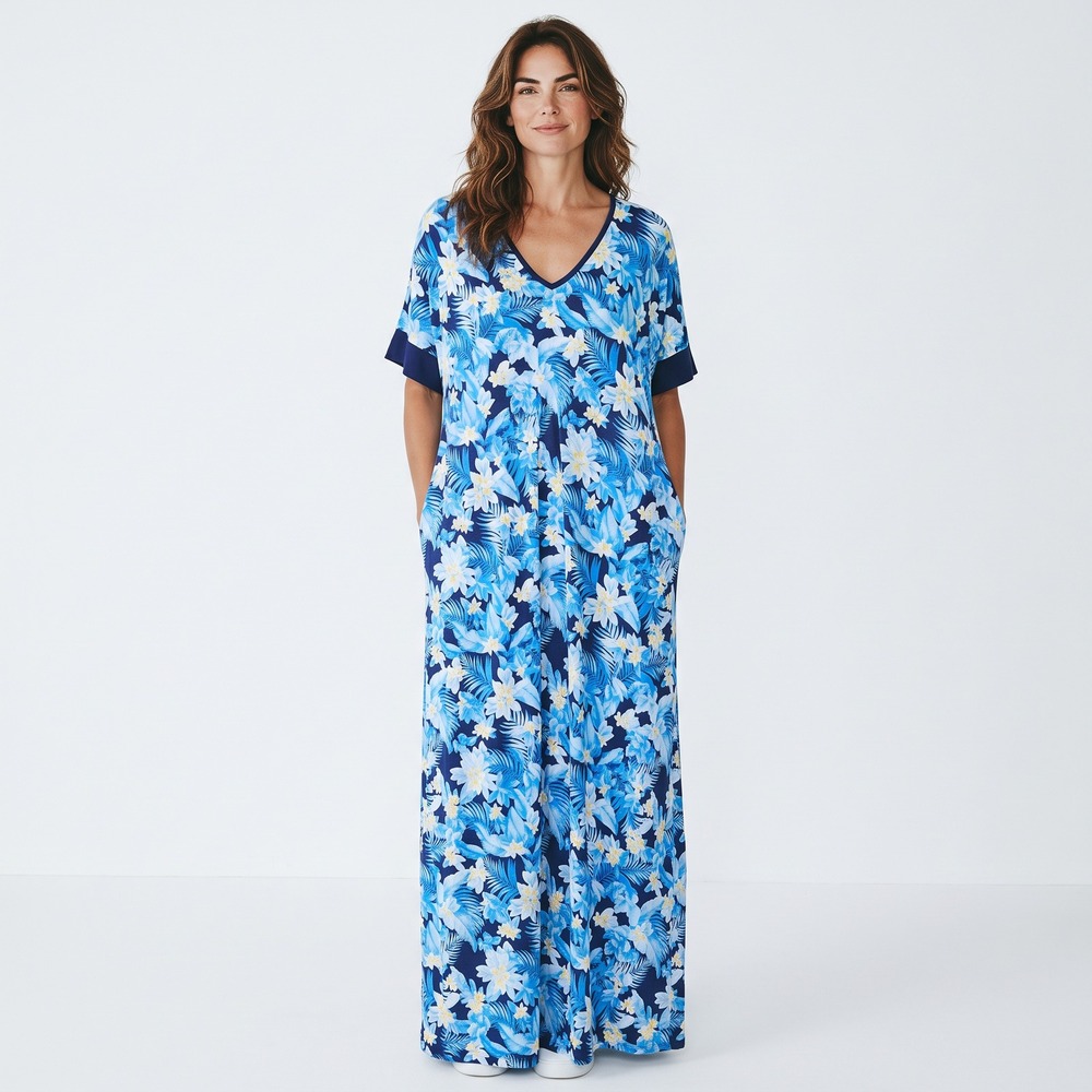 Tommy Bahama Women Blue Floral Caftan Maxi Dress Gown V-Neck S/M TW72617